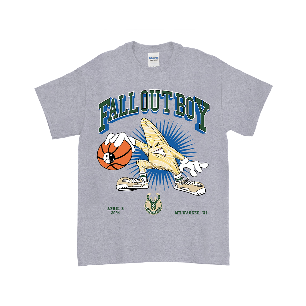 Gray t-shirt featuring a cartoon banana character playing basketball and ’Fall Out Boy’ text.