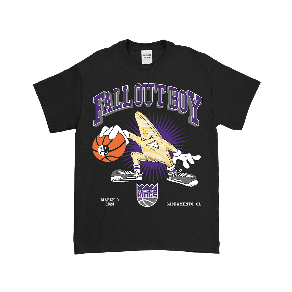 Black t-shirt featuring a Fall Out Boy design with a cartoon hot dog dribbling a basketball and Sacramento Kings logo.