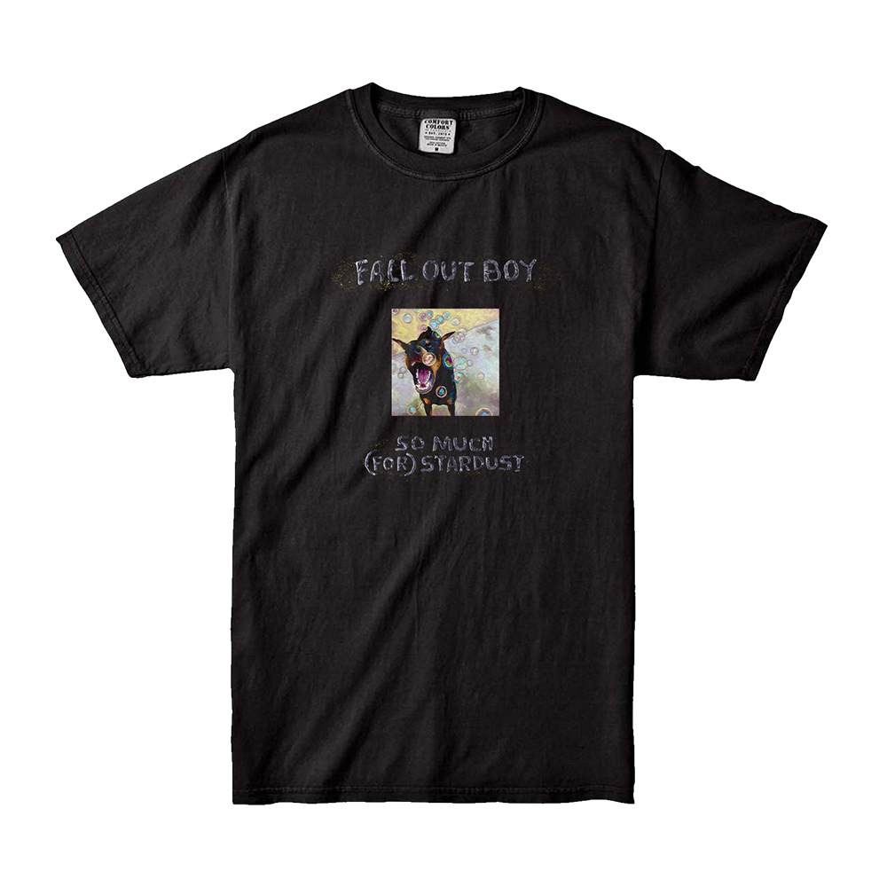 Black t-shirt featuring Fall Out Boy album artwork and text.