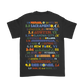 Black t-shirt with colorful text listing various cities and dates.