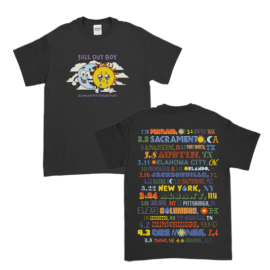 Black t-shirt with Fall Out Boy tour dates and cartoon sun and moon design.