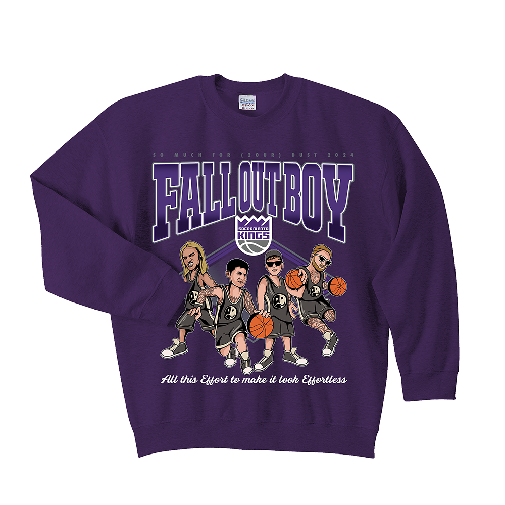 Purple sweatshirt featuring a cartoon-style graphic of basketball players and ’Fall Out Boy’ text.