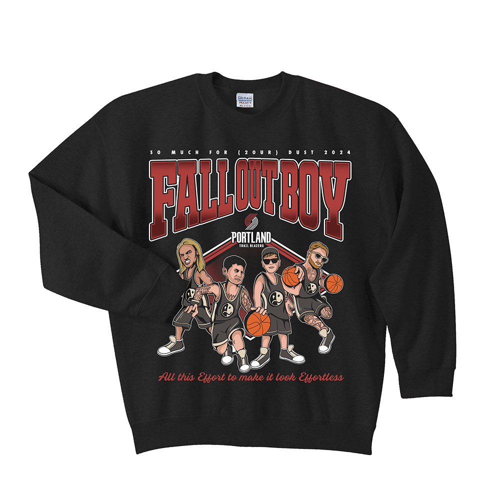 Black sweatshirt featuring Fall Out Boy band artwork with cartoon basketball players.