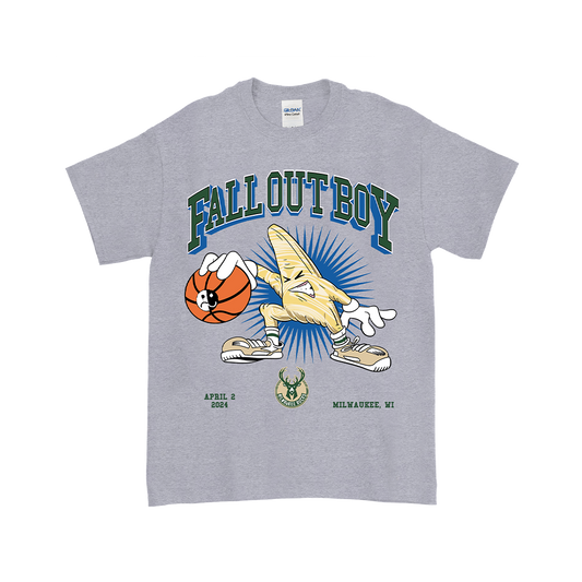 Gray t-shirt featuring a cartoon banana character playing basketball and ’Fall Out Boy’ text.