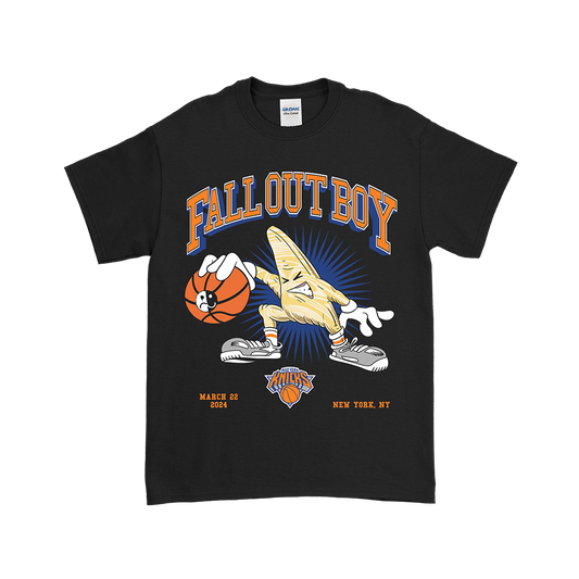 Black t-shirt featuring a Fall Out Boy and New York Knicks basketball-themed graphic design.