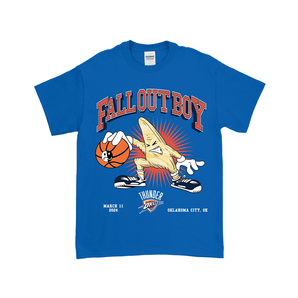 Blue t-shirt featuring a Fall Out Boy and Oklahoma City Thunder basketball design.