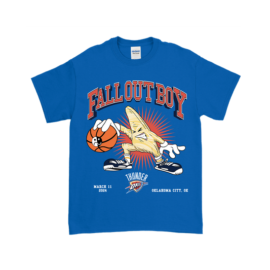 Blue t-shirt featuring a Fall Out Boy and Oklahoma City Thunder basketball design.