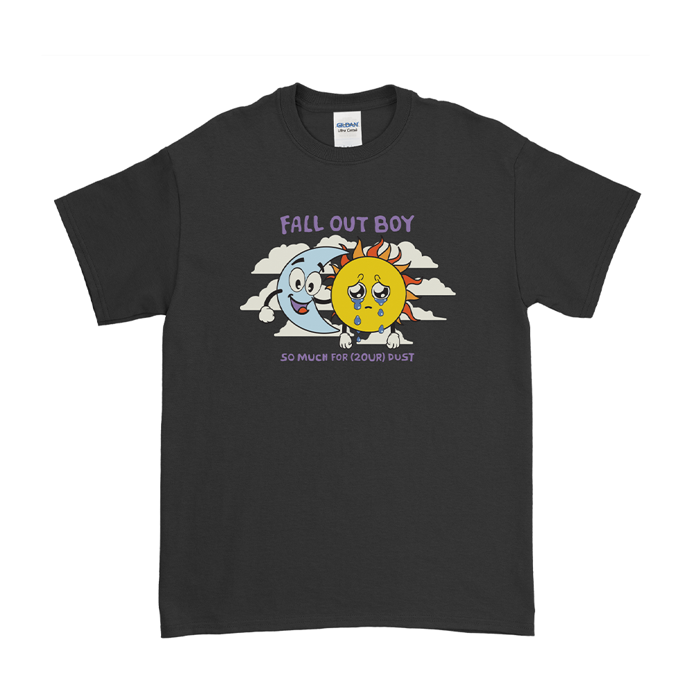 Black t-shirt featuring a cartoon sun and moon design with ’Fall Out Boy’ text.