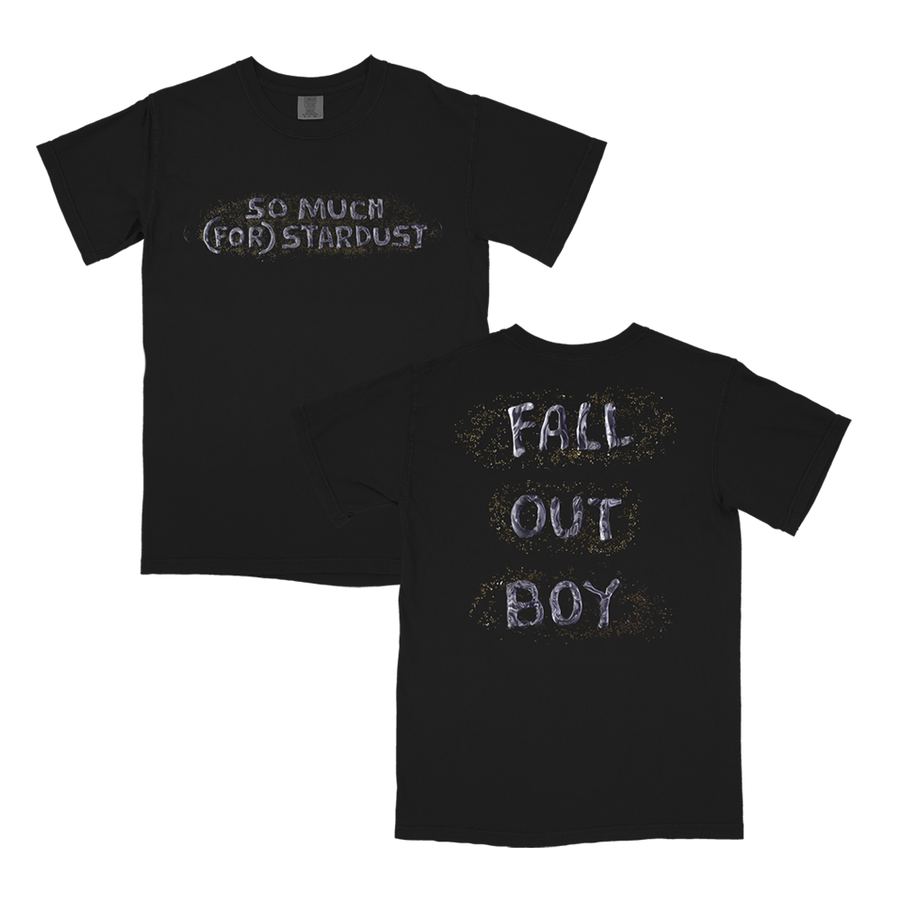 Black t-shirt with text designs on front and back.