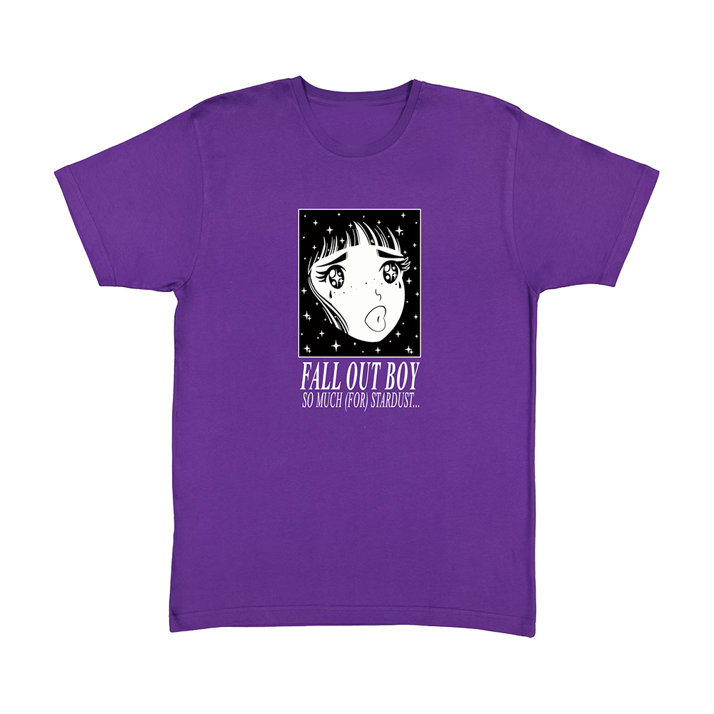 Purple t-shirt with an anime-style graphic and ’Fall Out Boy’ text.