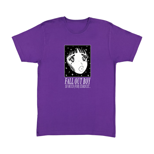Purple t-shirt with an anime-style graphic and ’Fall Out Boy’ text.