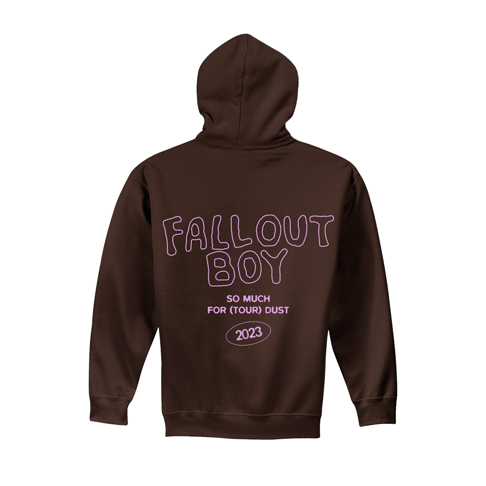 Brown hoodie with ’Fallout Boy’ text and tour information on the back.