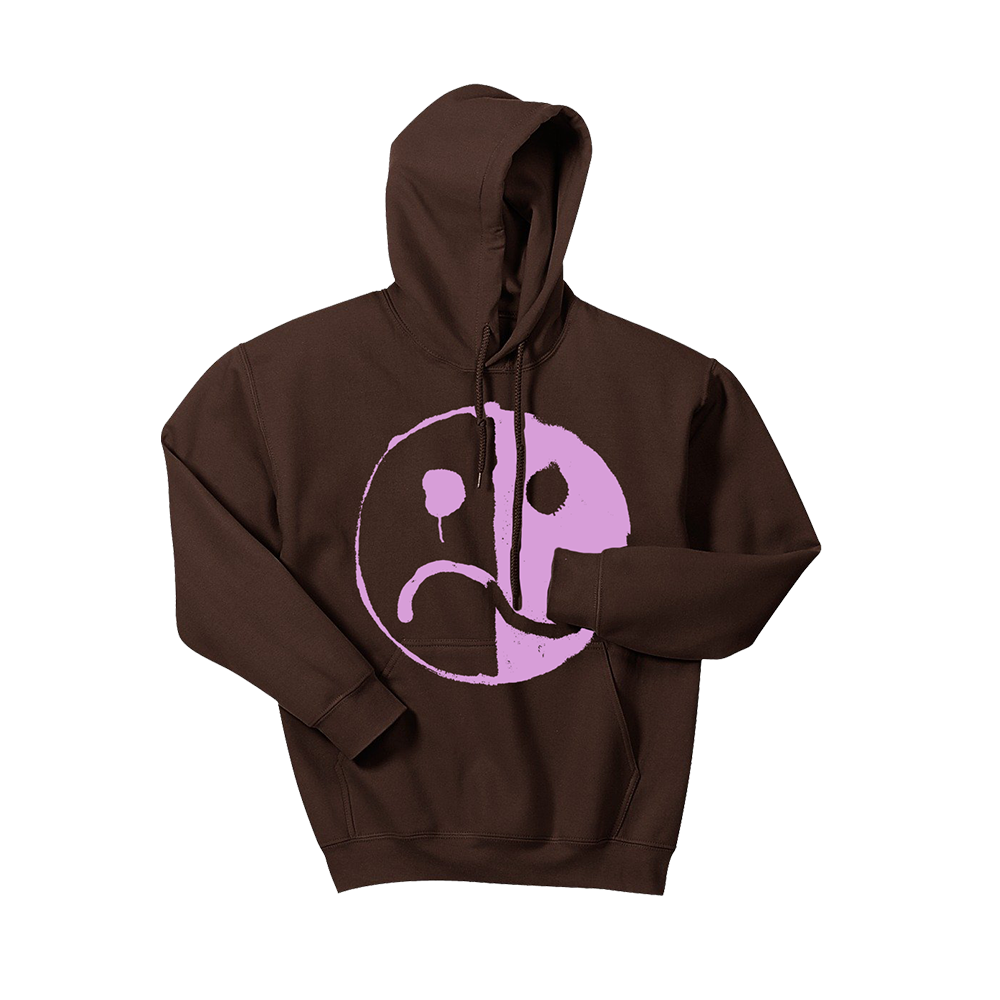 Brown hoodie with a pink split smiley face design on the front.