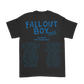 Black t-shirt with blue text displaying ’Fall Out Boy 2023’ and a tour schedule.