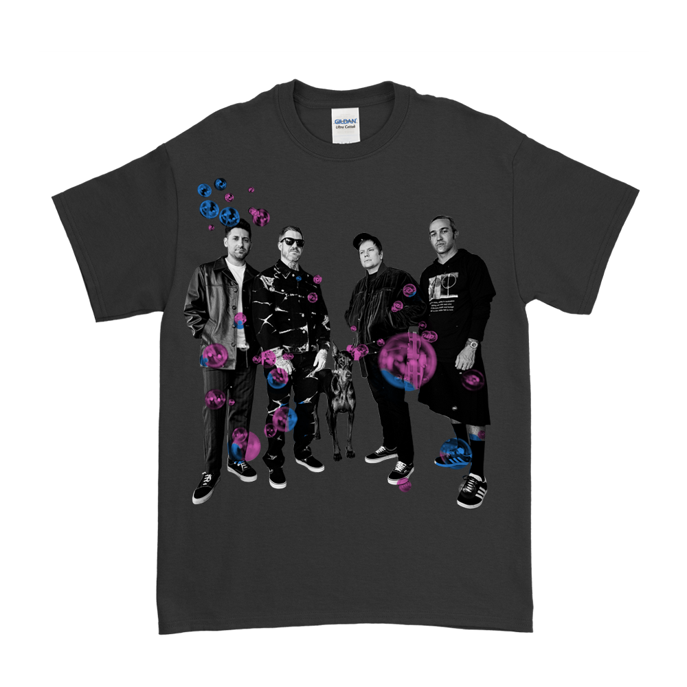 Black t-shirt featuring a graphic print of four people with colorful bubble-like shapes around them.