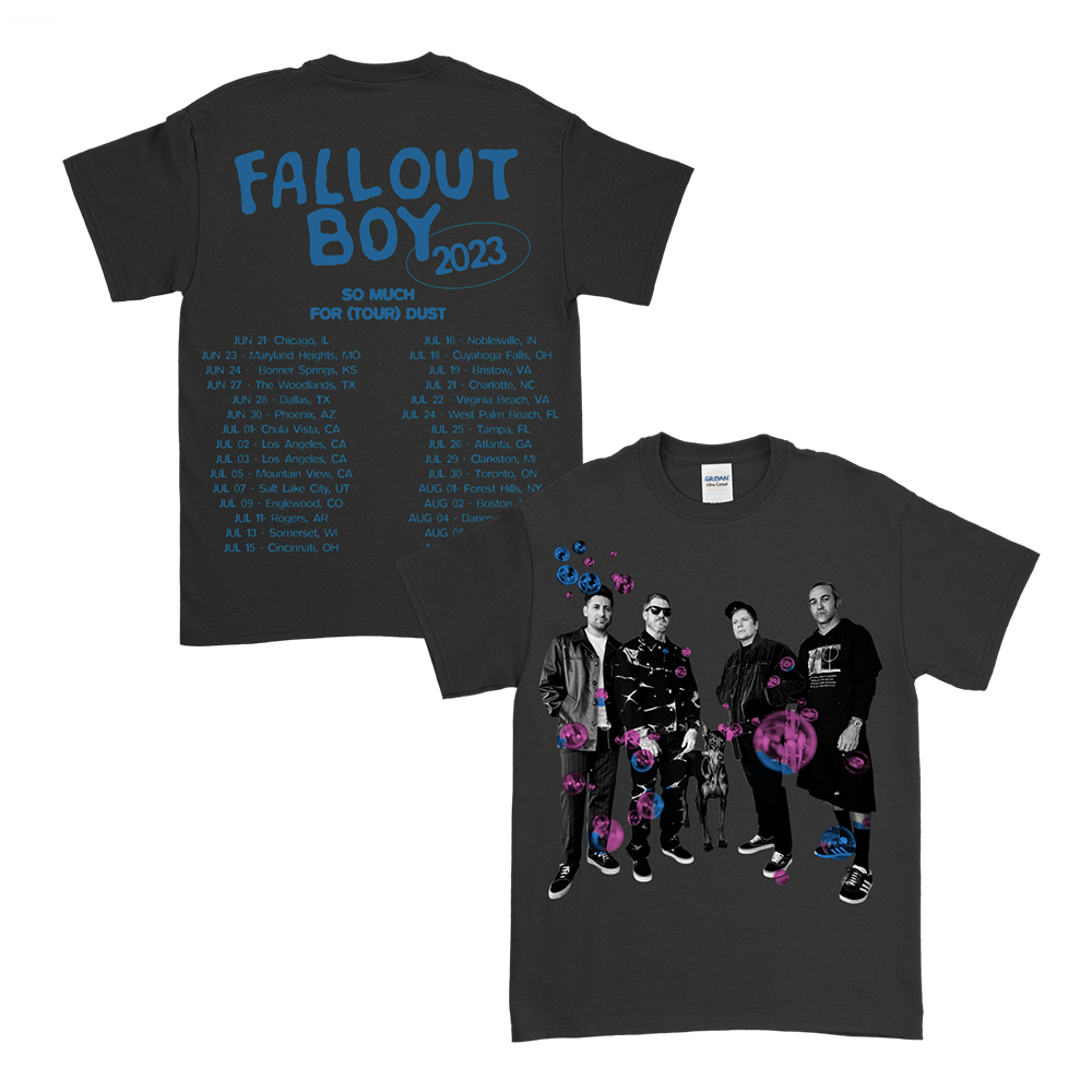 Band tour merchandise t-shirt for Fallout Boy’s 2023 ’So Much For (Tour) Dust’ tour, featuring tour dates on the back and a band photo on the front.