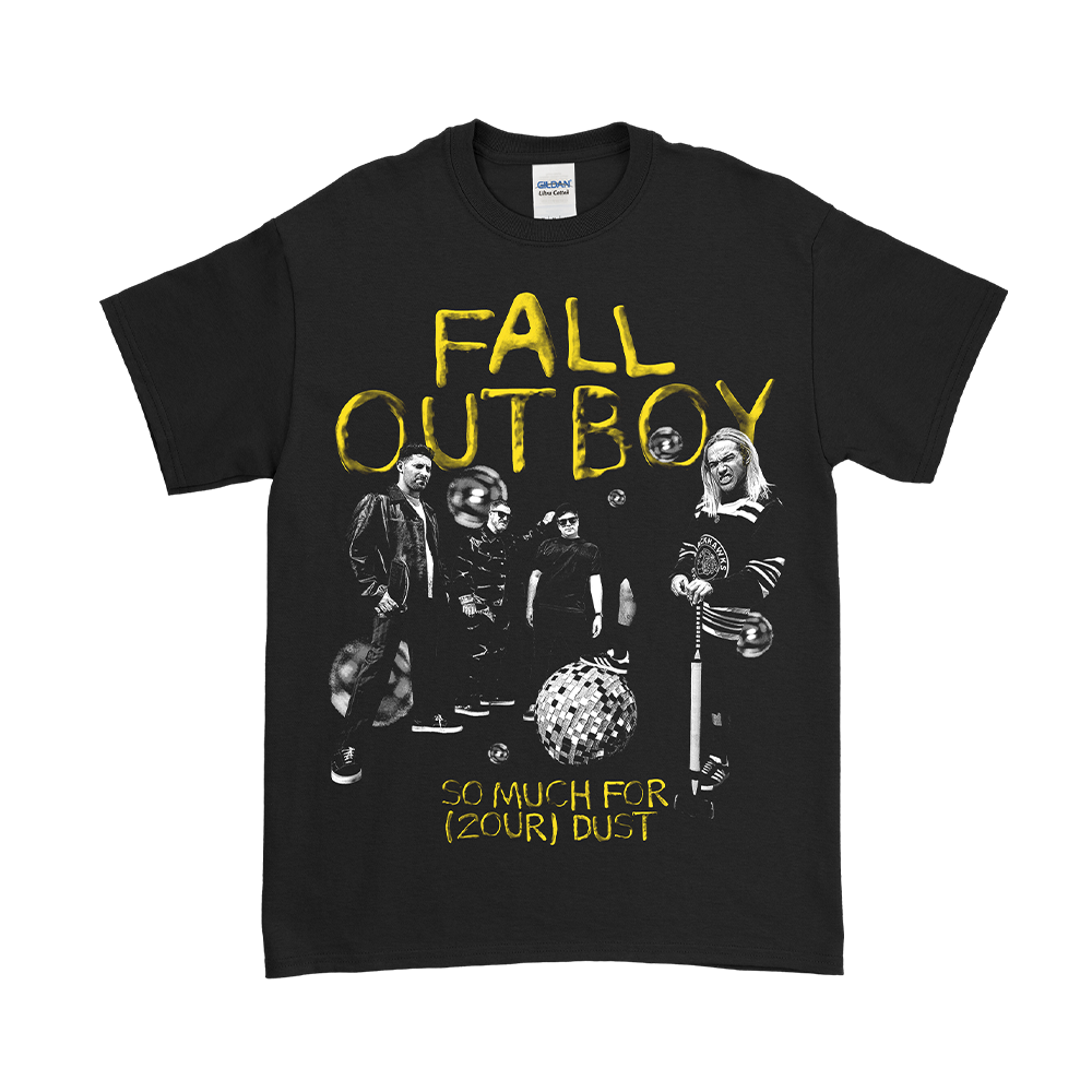 Black t-shirt featuring Fall Out Boy band artwork and text.
