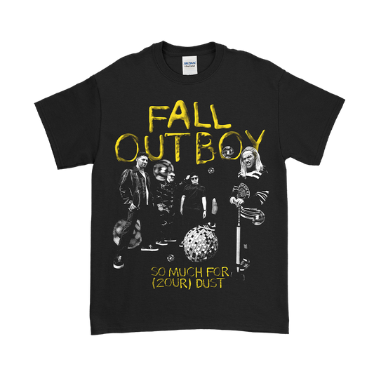 Black t-shirt featuring Fall Out Boy band artwork and text.