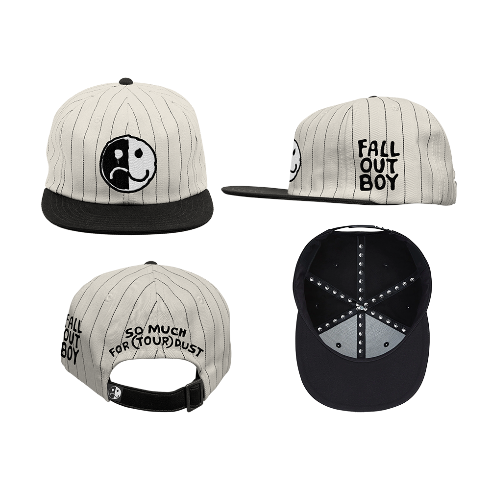 Baseball-style cap with ’Fall Out Boy’ branding and a yin-yang smiley face logo.