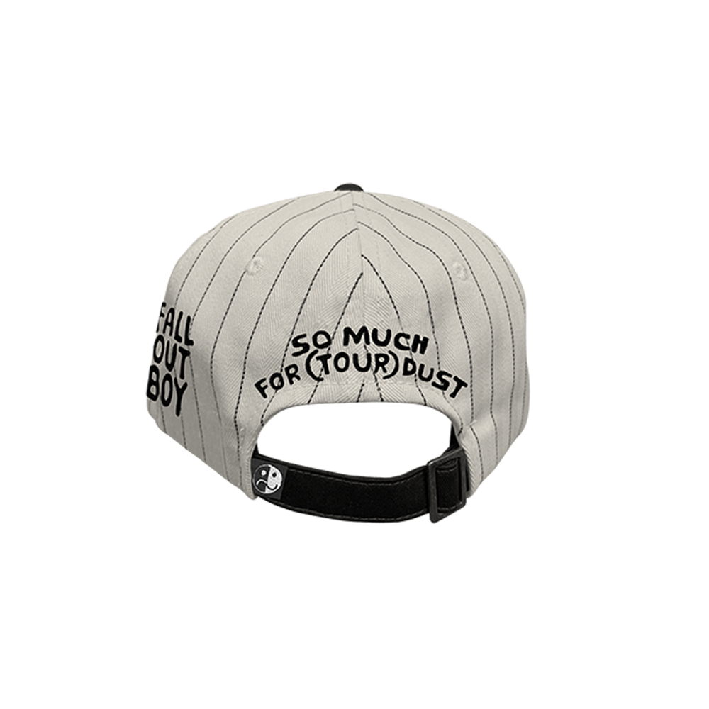 Baseball-style cap with pinstripes and text embroidered on the back.