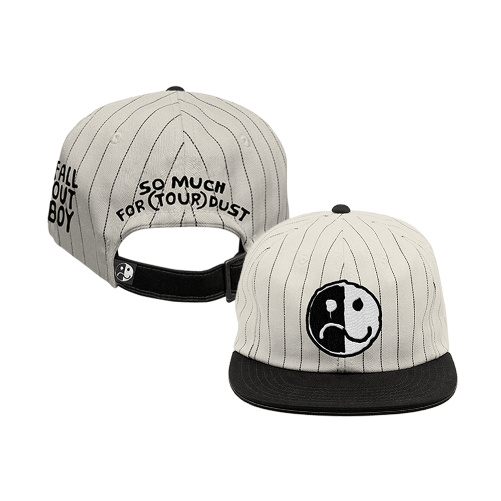 Baseball-style cap with pinstripes, a yin-yang logo, and text on the back.