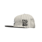 White pinstriped baseball cap with ’FALL OUT BOY’ text and a smiley face logo.