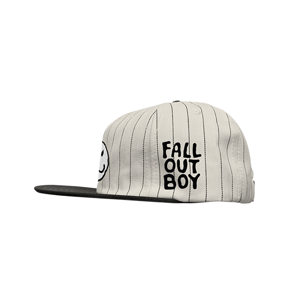 White pinstriped baseball cap with ’FALL OUT BOY’ text and a smiley face logo.