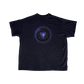 Black t-shirt with a glowing blue circular design on the front.