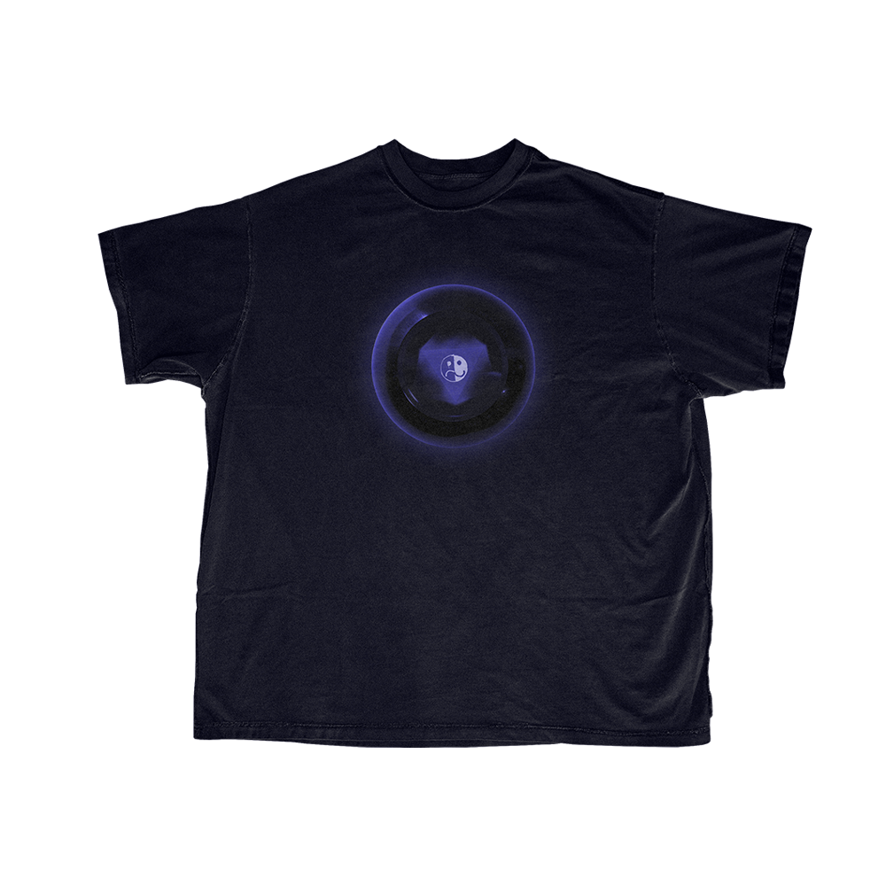 Black t-shirt with a glowing blue circular design on the front.