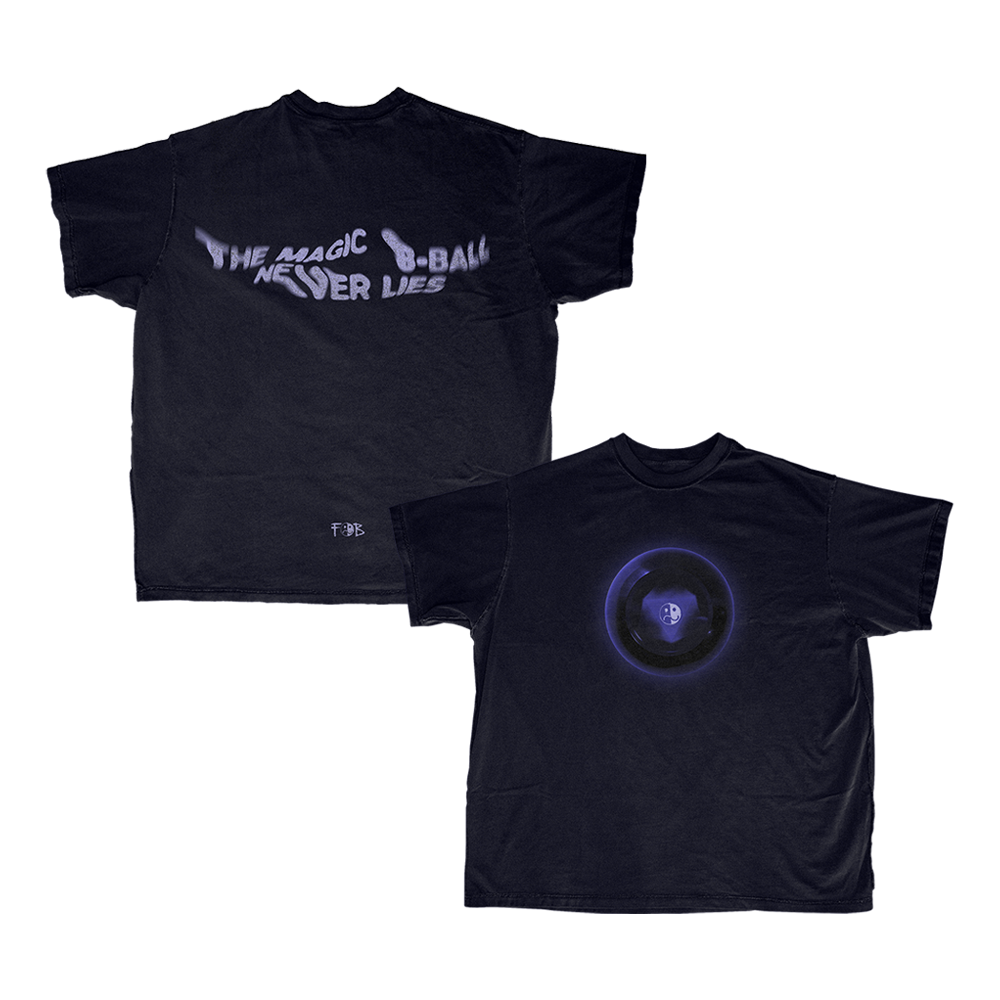 Black t-shirt with ’The Magic 8-Ball Never Lies’ text and Magic 8-Ball design.