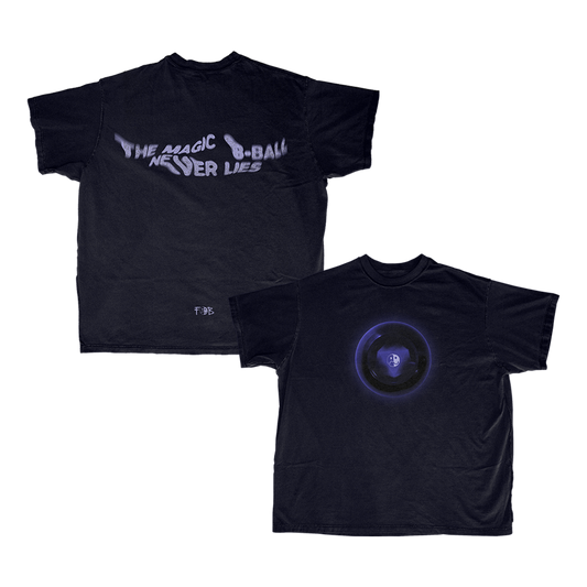 Black t-shirt with ’The Magic 8-Ball Never Lies’ text and Magic 8-Ball design.