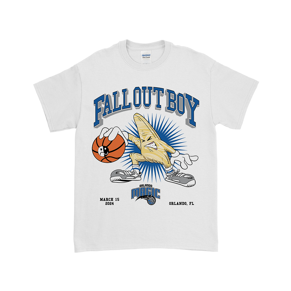 White t-shirt featuring a cartoon banana character and ’Fall Out Boy’ text design.