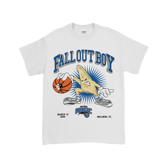 White t-shirt featuring a cartoon banana character and ’Fall Out Boy’ text design.