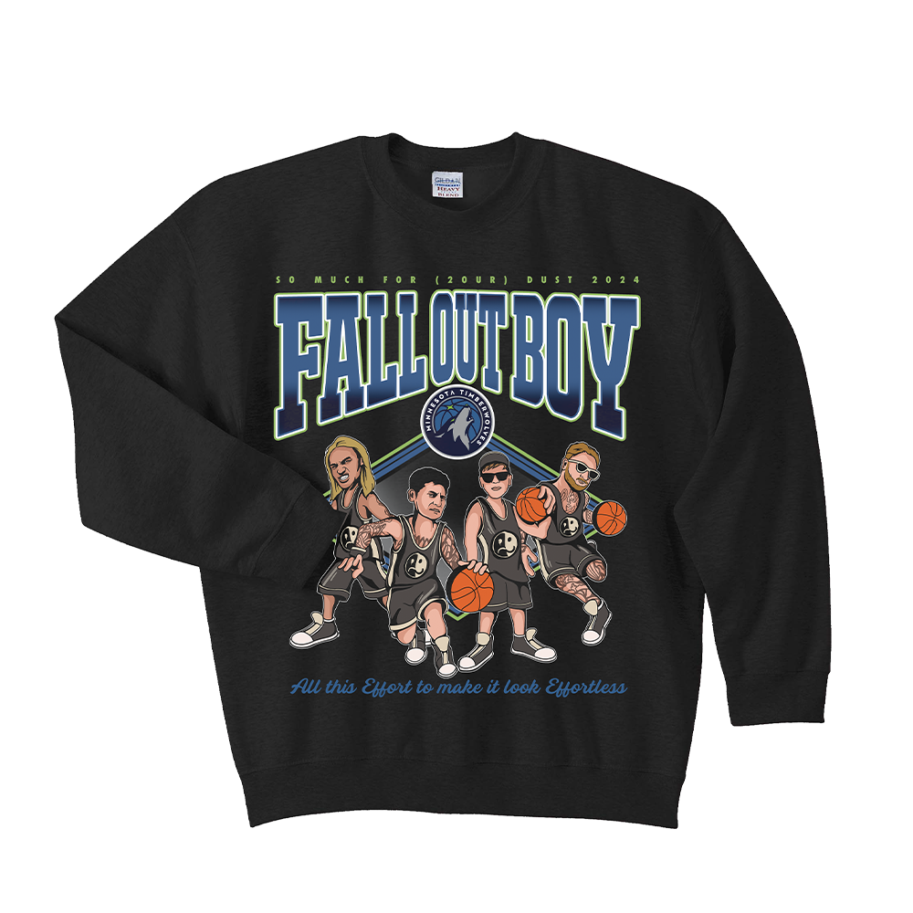 Black sweatshirt featuring Fall Out Boy band artwork with cartoon basketball players and text.