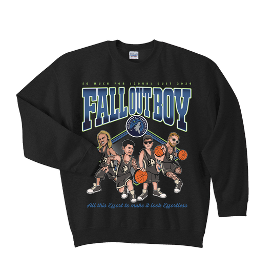 Black sweatshirt featuring Fall Out Boy band artwork with cartoon basketball players and text.