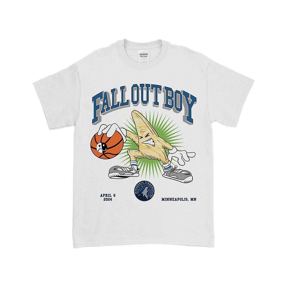 White t-shirt with a Fall Out Boy design featuring a cartoon burrito character and basketball.