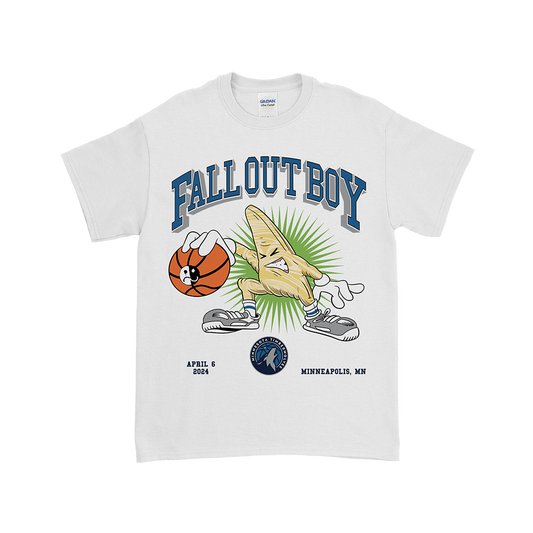 White t-shirt with a Fall Out Boy design featuring a cartoon burrito character and basketball.