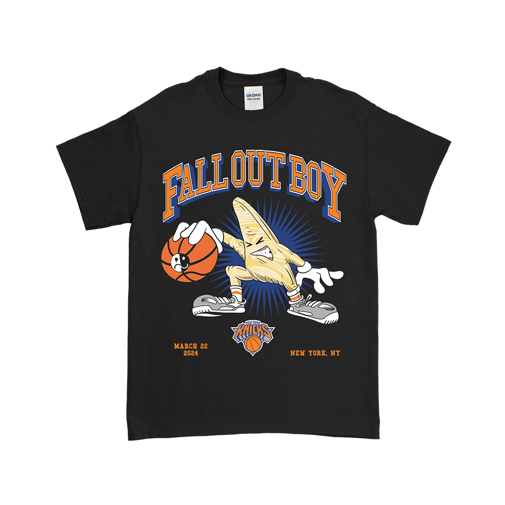 Black t-shirt featuring a Fall Out Boy and New York Knicks basketball-themed graphic design.