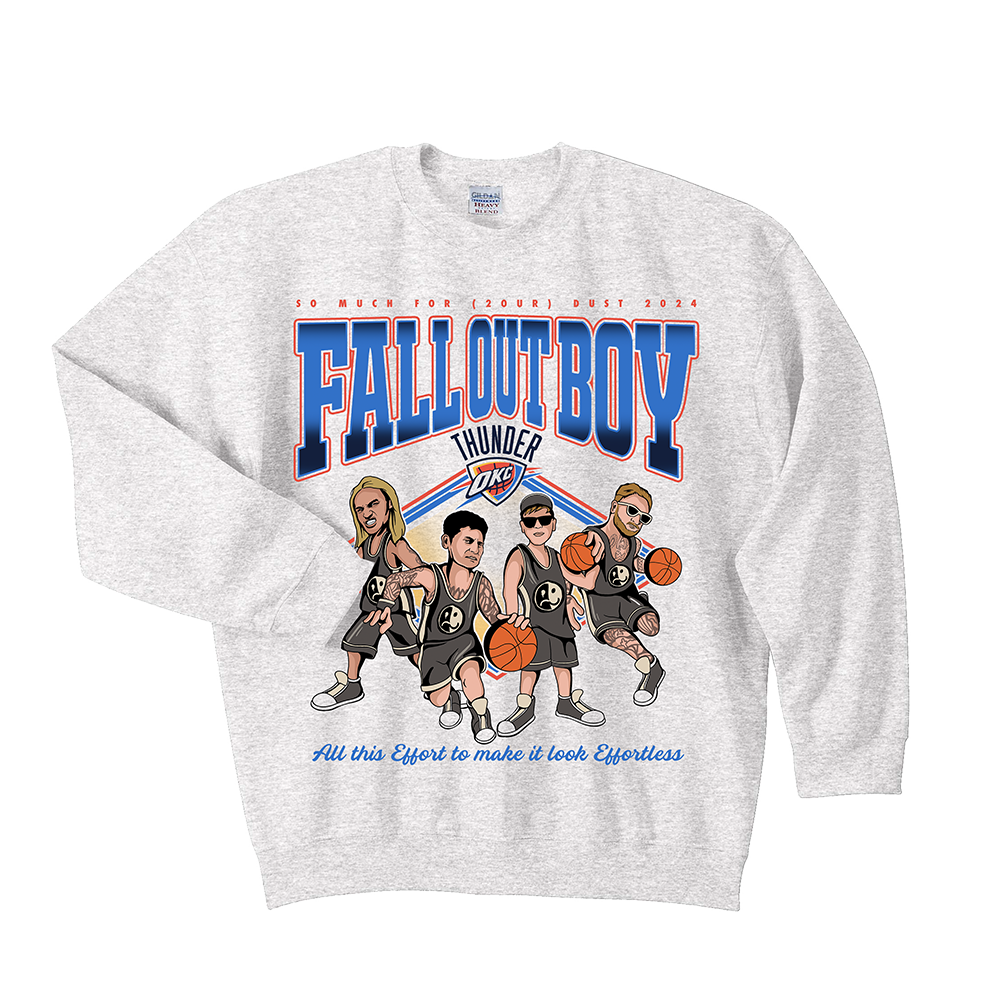 White sweatshirt featuring a cartoon-style graphic of a band and basketball team mashup design.