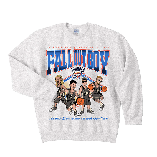 White sweatshirt featuring a cartoon-style graphic of a band and basketball team mashup design.