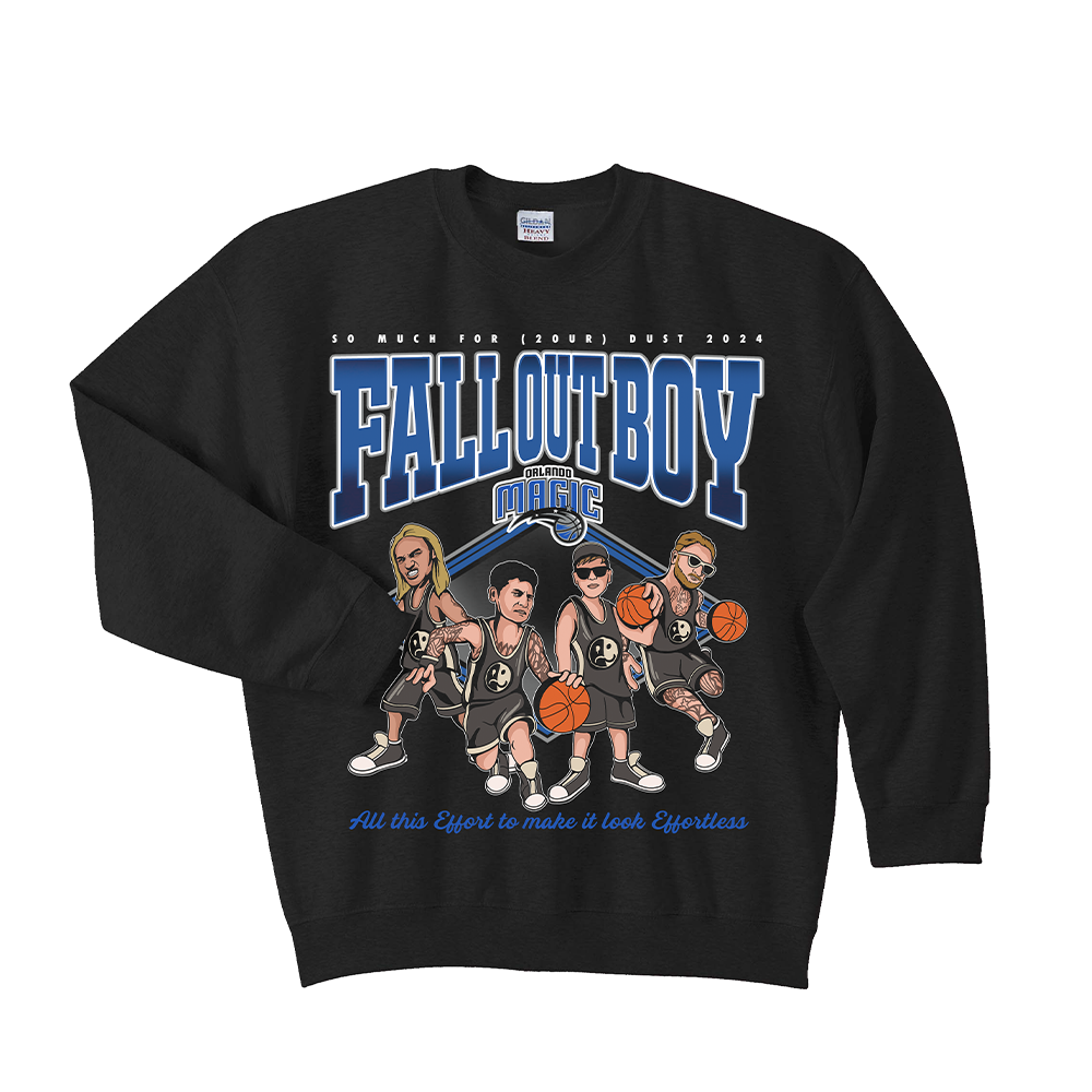 Black sweatshirt featuring Fall Out Boy band artwork with basketball-themed graphics and text.