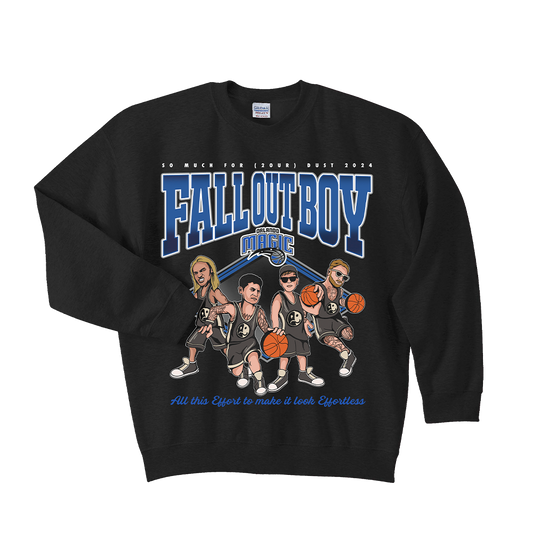 Black sweatshirt featuring Fall Out Boy band artwork with basketball-themed graphics and text.