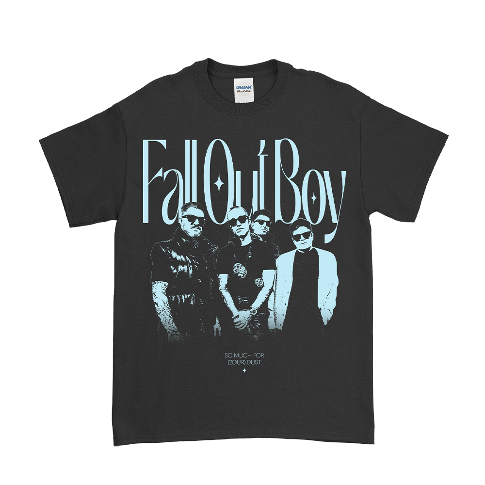 Black t-shirt featuring Fall Out Boy band artwork and text.