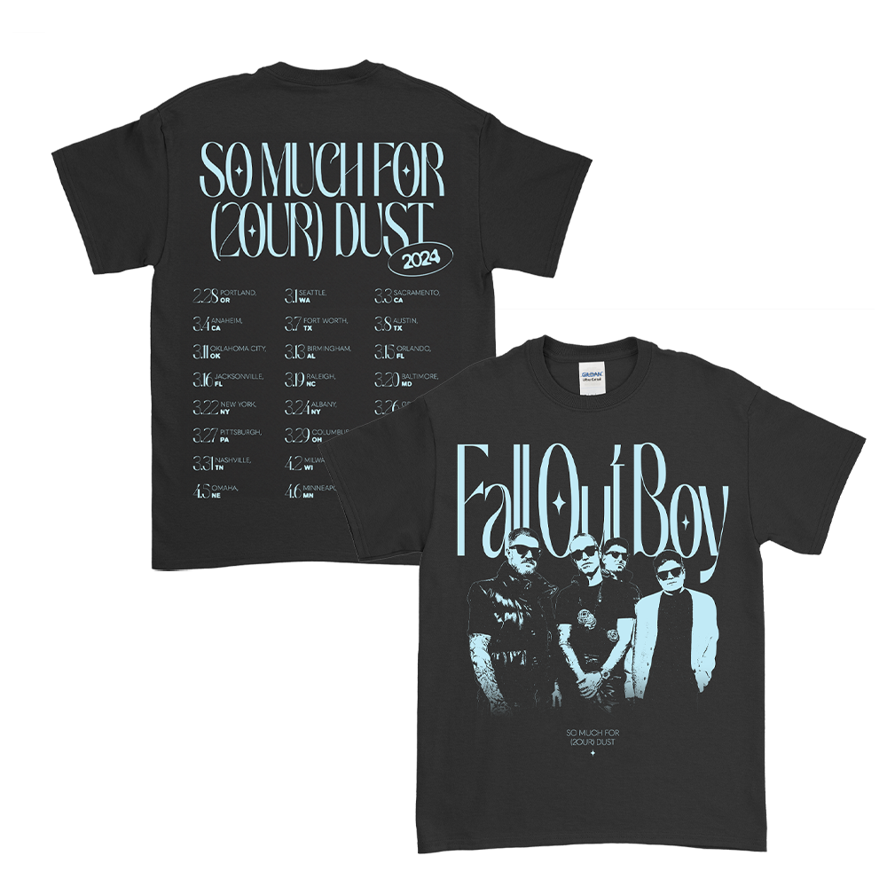 Black t-shirt with Fall Out Boy band design and tour dates.