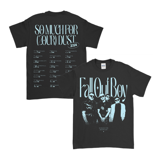 Black t-shirt with Fall Out Boy band design and tour dates.