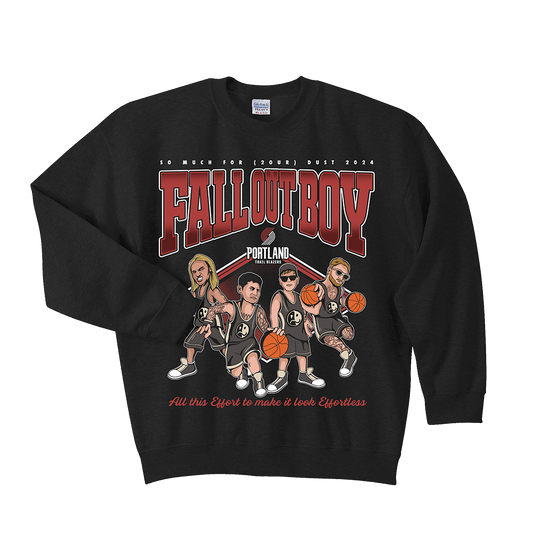 Black sweatshirt featuring Fall Out Boy band artwork with cartoon basketball players.