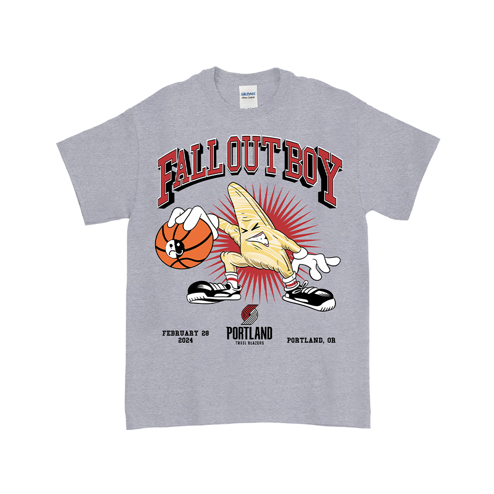 Gray t-shirt featuring a Fall Out Boy concert design with a cartoon pizza slice dribbling a basketball.