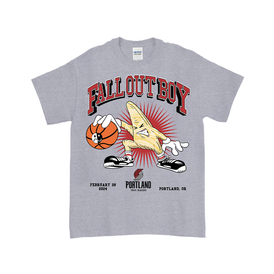 Gray t-shirt featuring a Fall Out Boy concert design with a cartoon pizza slice dribbling a basketball.