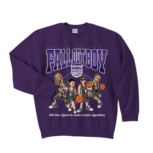 Purple sweatshirt featuring a cartoon-style graphic of basketball players and ’Fall Out Boy’ text.