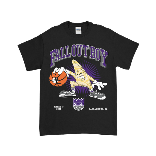 Black t-shirt featuring a Fall Out Boy design with a cartoon hot dog dribbling a basketball and Sacramento Kings logo.